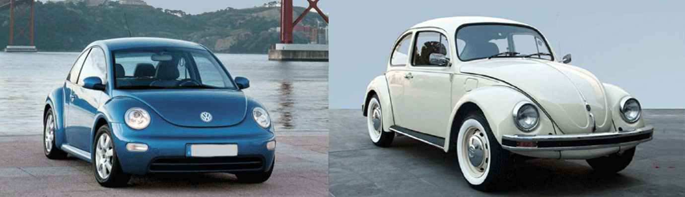 a newer modal of a Volkswagen Beetle to the left of an older model